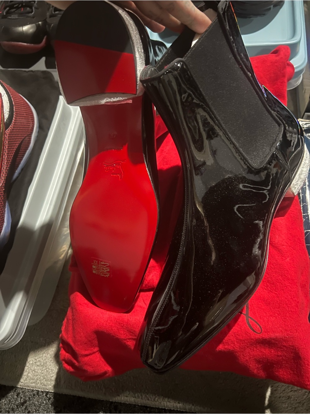 Men’s red bottoms 12 Patent Leather Chelsea Boot with Red Sole -  Black Dress